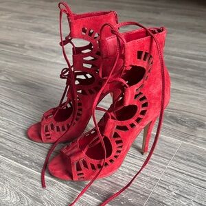 Modern Vice Red Suede Cutout Lace-Up Heels Size 6 | Statement Stiletto Sandals
